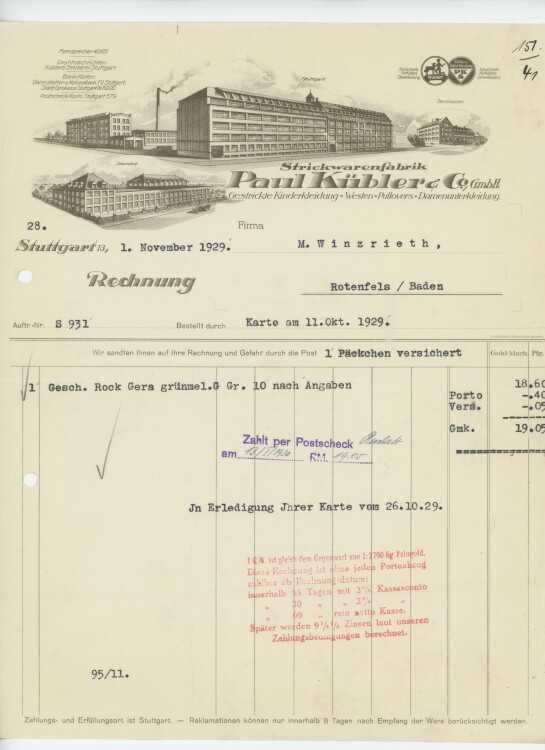 Firma M. Winzrieth (Kaufhaus)an Paul Kübler & Co GmbH- Rechnung - 01.11.1929