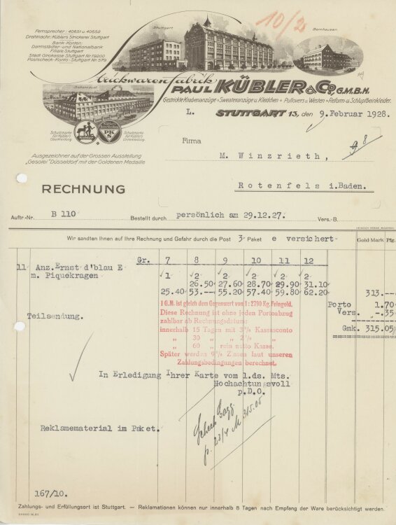 Firma M. Winzrieth (Kaufhaus)an Paul Kübler & Co GmbH- Rechnung - 09.02.1928