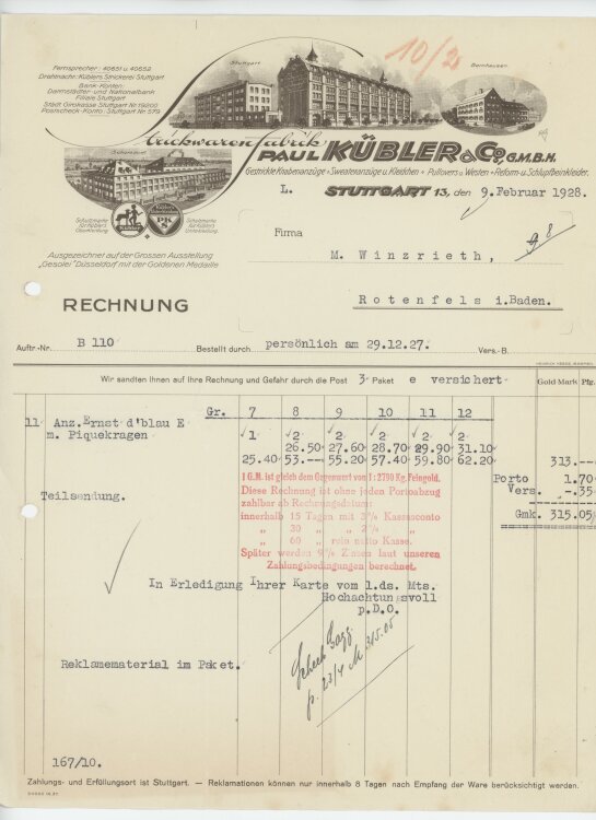 Firma M. Winzrieth (Kaufhaus)an Paul Kübler & Co GmbH- Rechnung - 09.02.1928