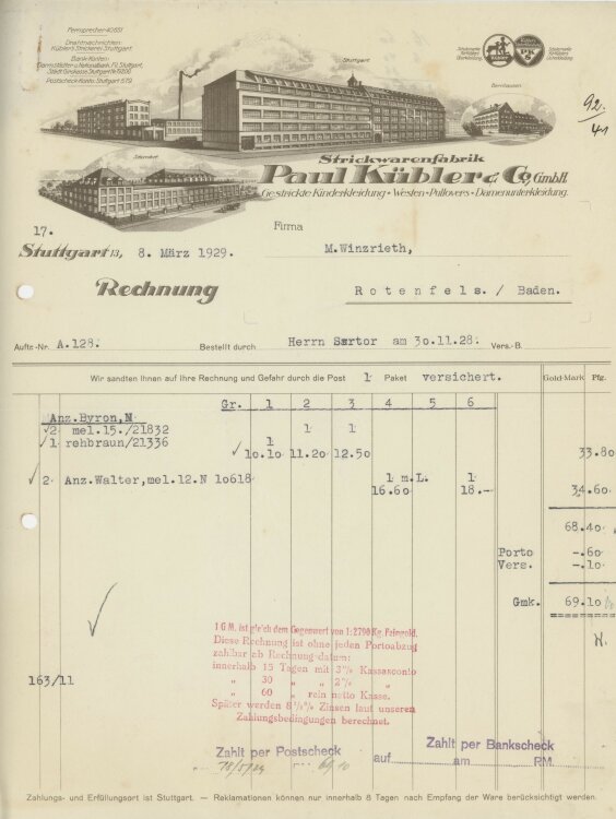 Firma M. Winzrieth (Kaufhaus)an Paul Kübler & Co GmbH- Rechnung - 08.03.1929
