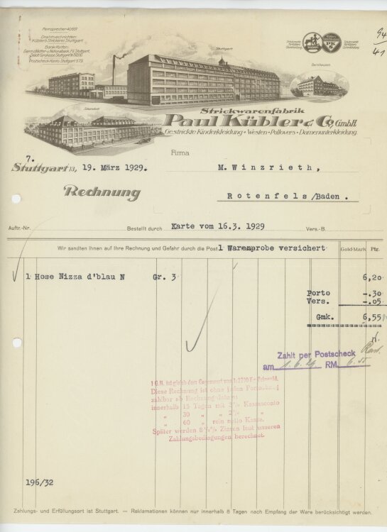 Firma M. Winzrieth (Kaufhaus)an Paul Kübler & Co GmbH- Rechnung - 19.03.1929