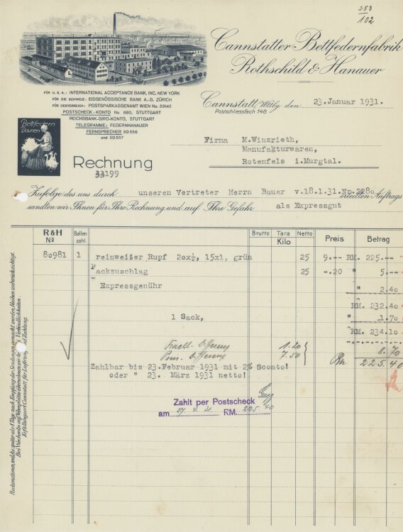 Firma M. Winzrieth (Kaufhaus)an Cannstatter Bettfedernfabrik Rothschild & Hanauer- Rechnung - 23.01.1931