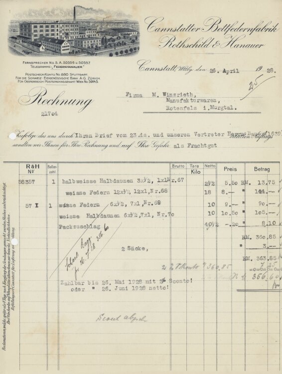 Firma M. Winzrieth (Kaufhaus)an Cannstatter Bettfedernfabrik Rothschild & Hanauer- Rechnung - 26.03.1928