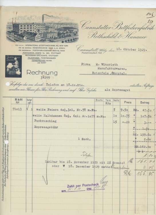 Firma M. Winzrieth (Kaufhaus)an Cannstatter Bettfedernfabrik Rothschild & Hanauer- Rechnung - 18.10.1929