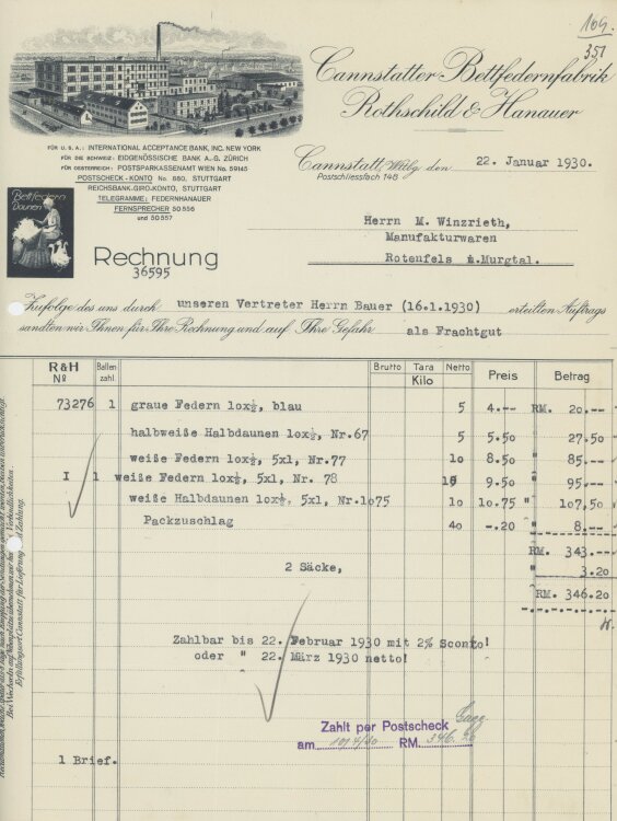 Firma M. Winzrieth (Kaufhaus)an Cannstatter Bettfedernfabrik Rothschild & Hanauer- Rechnung - 22.01.1930
