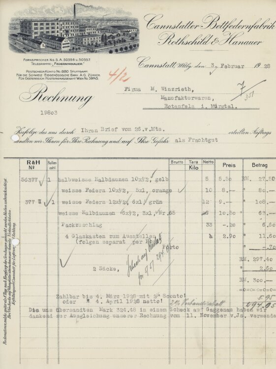 Firma M. Winzrieth (Kaufhaus)an Cannstatter Bettfedernfabrik Rothschild & Hanauer- Rechnung - 03.02.1928