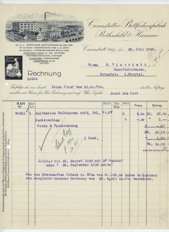 Firma M. Winzrieth (Kaufhaus)an Cannstatter Bettfedernfabrik Rothschild & Hanauer- Rechnung - 26.07.1928