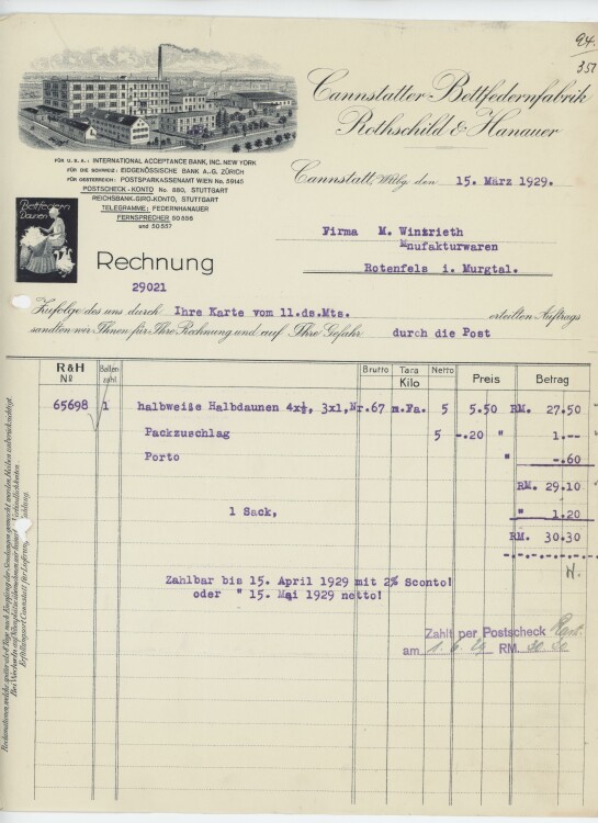 Firma M. Winzrieth (Kaufhaus)an Cannstatter Bettfedernfabrik Rothschild & Hanauer- Rechnung - 15.03.1929
