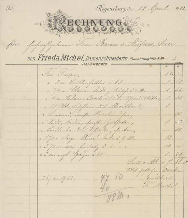 Baronin von und zu Aufsessan Frieda Michel, Damenschneiderin- Rechnung - 12.03.1902