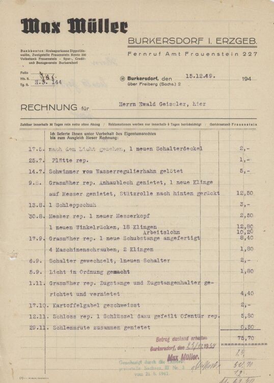 Ewald Geissleran Max Müller- Rechnung - 15.12.1949