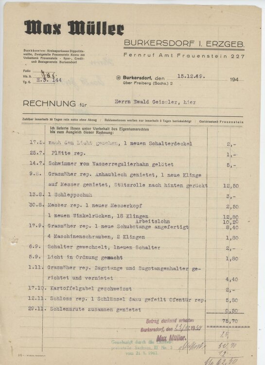 Ewald Geissleran Max Müller- Rechnung - 15.12.1949