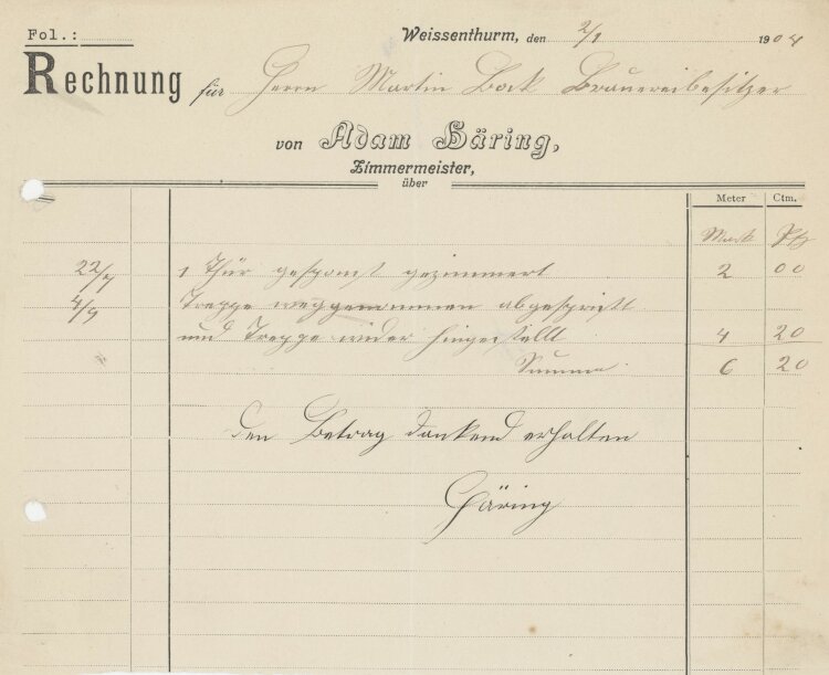 Martin Bock Brauereibesitzeran Adam Häring Zimmermeister- Rechnung - 02.01.1904