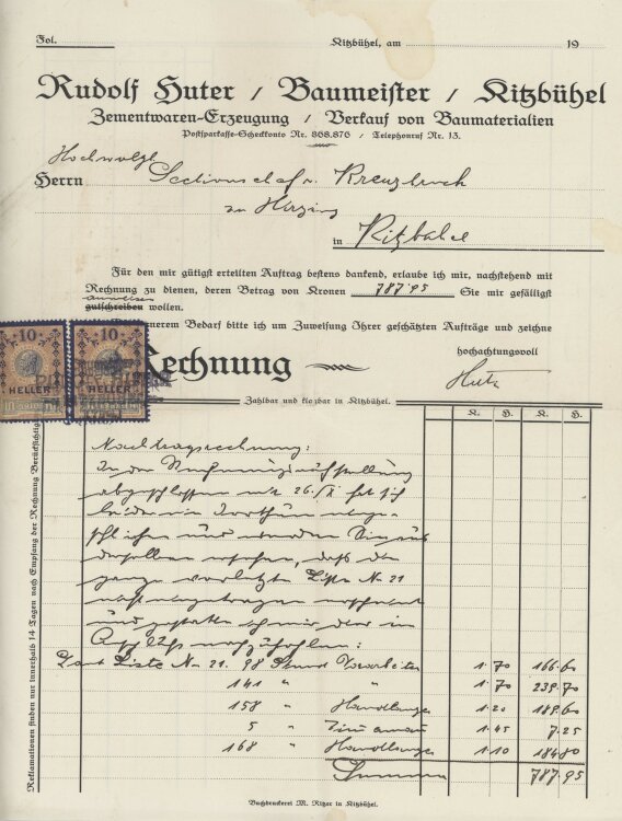 Rudolf Huter Baumeisteran Sectionschef von Kreutzbruck- Rechnung - um 1900