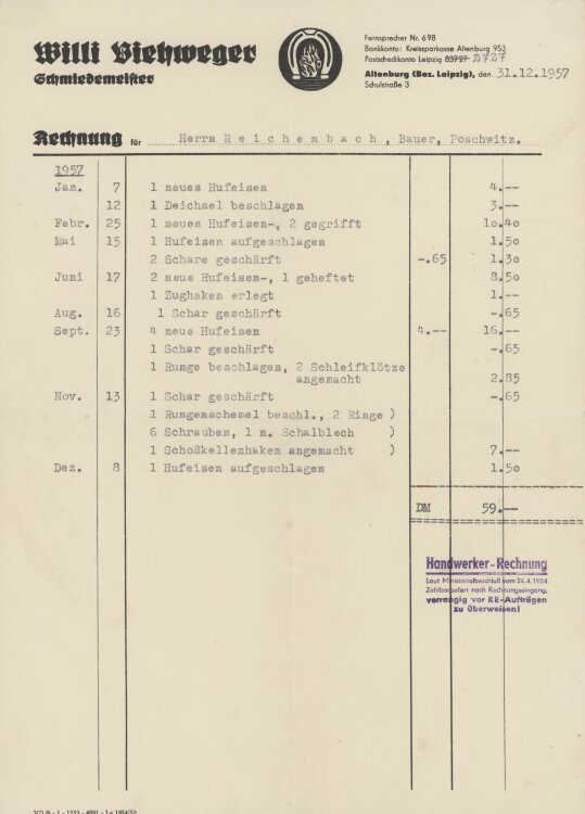 Herr Reichenbach Baueran Willi Viehweger- Rechnung - 31.12.1957