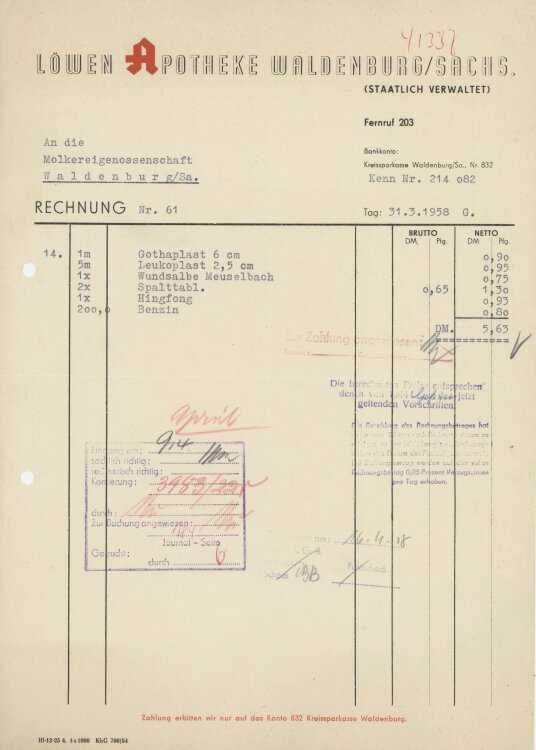 Molkereigenossenschaftan Löwen-Apotheke- Rechnung - 31.03.1958
