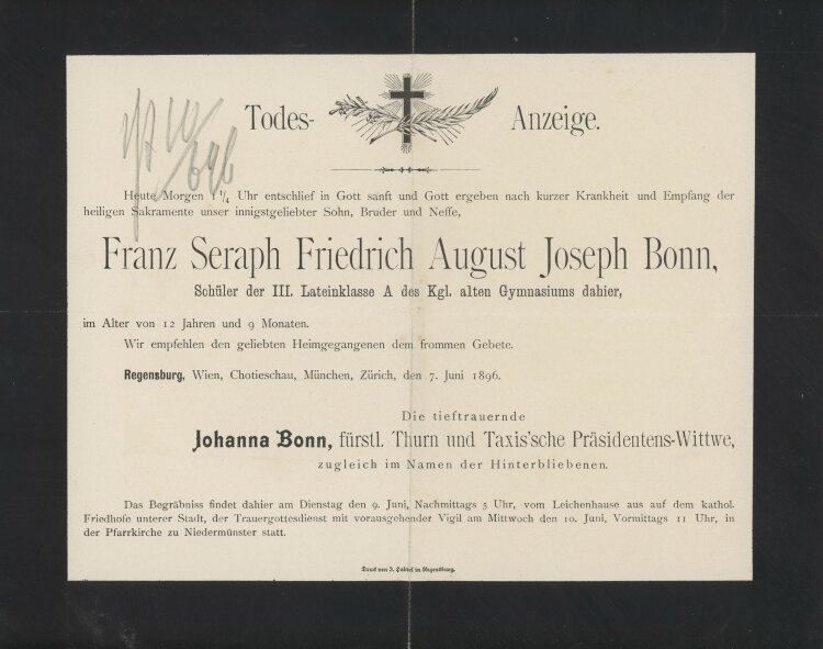 Johanna Bonn, fürstlich Thurnn und Taxis´sch Präsidents-Wittwe - Todesanzeige - 07.06.1896
