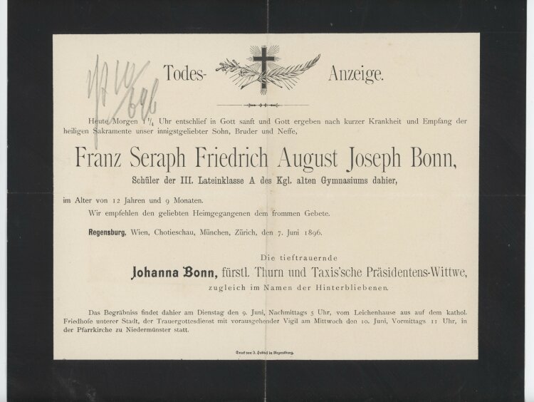 Johanna Bonn, fürstlich Thurnn und Taxis´sch Präsidents-Wittwe - Todesanzeige - 07.06.1896