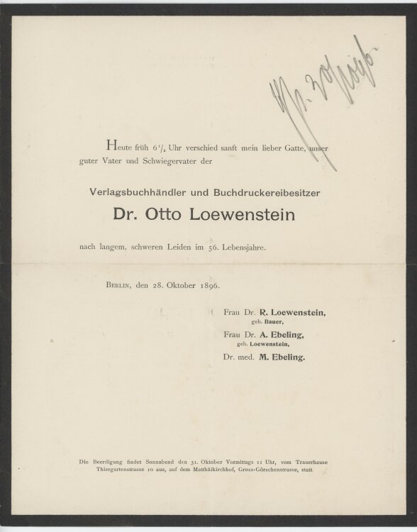 Die Familien Loewenstein und Ebeling - Todesanzeige - 28.10.1896