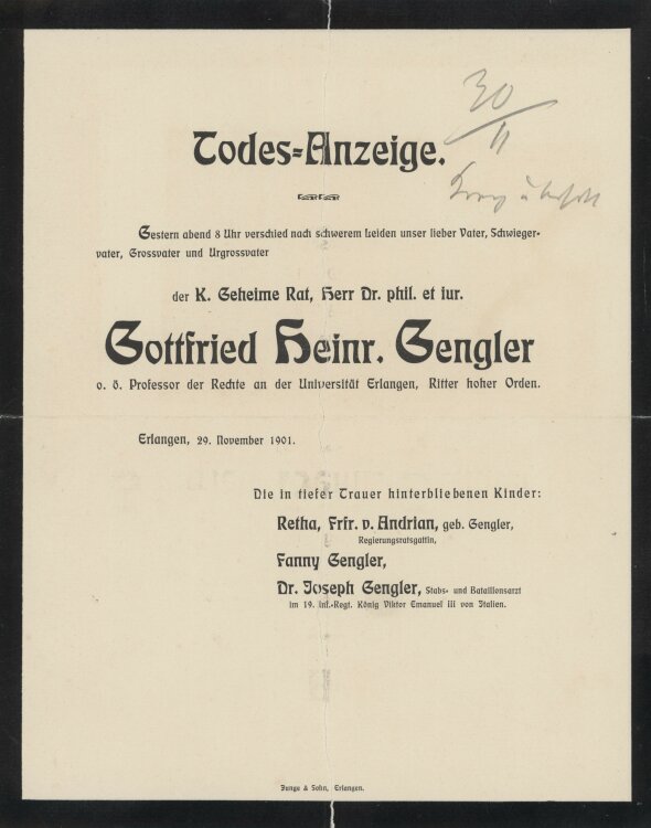 Freiherr Retha von Andrian und Familie Sengler. - Todesanzeige - 29.11.1901
