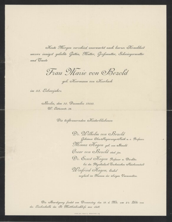 Dr. Wilhelm von Bezold und Familie (Hagen und Bezold). - Todesanzeige - 10.12.1900
