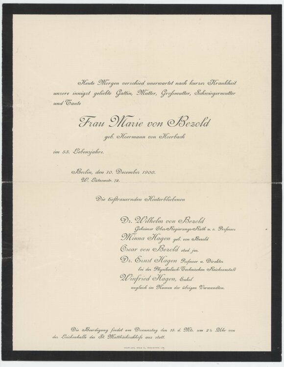 Dr. Wilhelm von Bezold und Familie (Hagen und Bezold). - Todesanzeige - 10.12.1900
