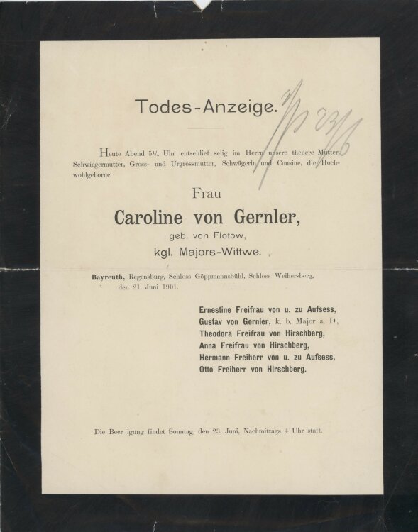 Die Familie der Verstorbenen (Aufsess, Gernler, Hirschberg) - Todesanzeige - 21.06.1901