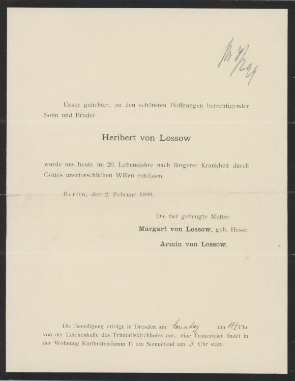 Mutter und Vater des Verstorbenen: Margart von Lossow und Armin von Lossow. - Todesanzeige - 02.02.1899