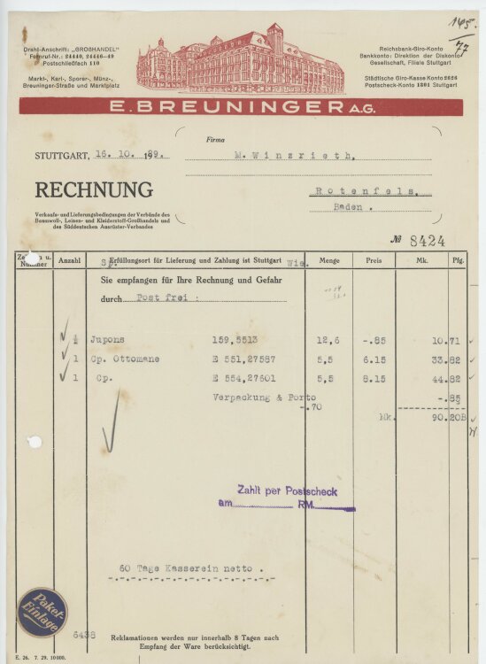 Firma M. Winzrieth (Kaufhaus)an E. Breuninger AG- Rechnung - 16.10.1929