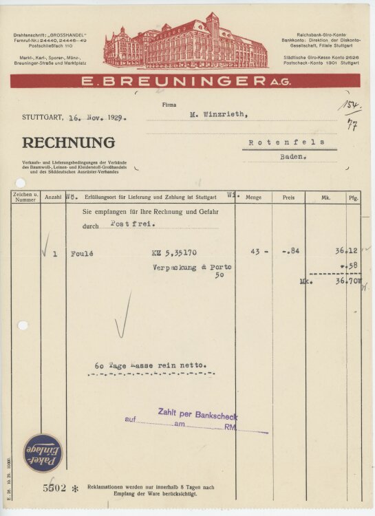 Firma M. Winzrieth (Kaufhaus)an E. Breuninger AG- Rechnung - 16.11.1929