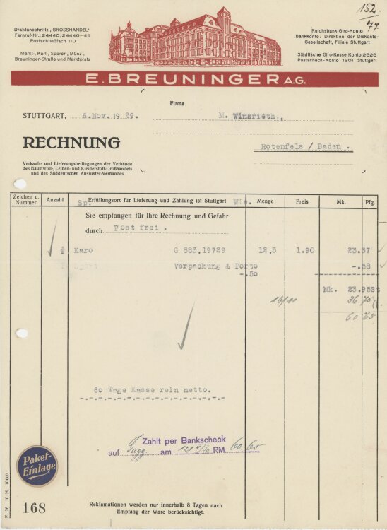 Firma M. Winzrieth (Kaufhaus)an E. Breuninger AG- Rechnung - 06.11.1929