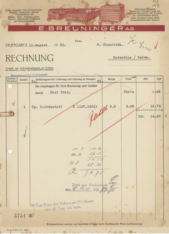 Firma M. Winzrieth (Kaufhaus)an E. Breuninger AG- Rechnung - 11.08.1933
