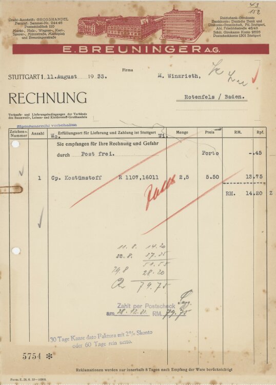 Firma M. Winzrieth (Kaufhaus)an E. Breuninger AG- Rechnung - 29.08.1933