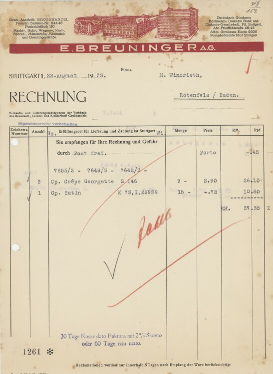 Firma M. Winzrieth (Kaufhaus)an E. Breuninger AG- Rechnung - 22.08.1933