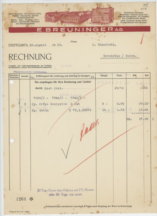 Firma M. Winzrieth (Kaufhaus)an E. Breuninger AG- Rechnung - 22.08.1933