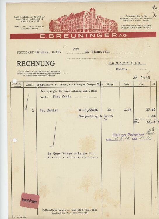 Firma M. Winzrieth (Kaufhaus)an E. Breuninger AG- Rechnung - 16.03.1929