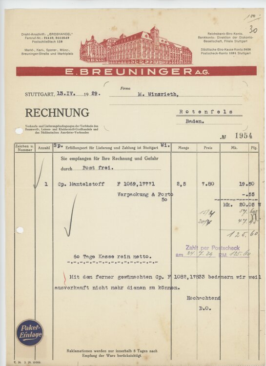 Firma M. Winzrieth (Kaufhaus)an E. Breuninger AG- Rechnung - 13.04.1929