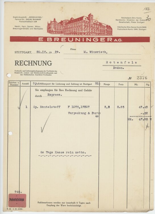 Firma M. Winzrieth (Kaufhaus)an E. Breuninger AG- Rechnung - 20.04.1929