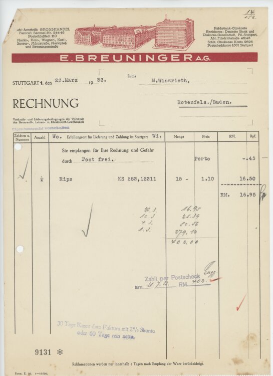 Firma M. Winzrieth (Kaufhaus)an E. Breuninger AG- Rechnung - 23.03.1933