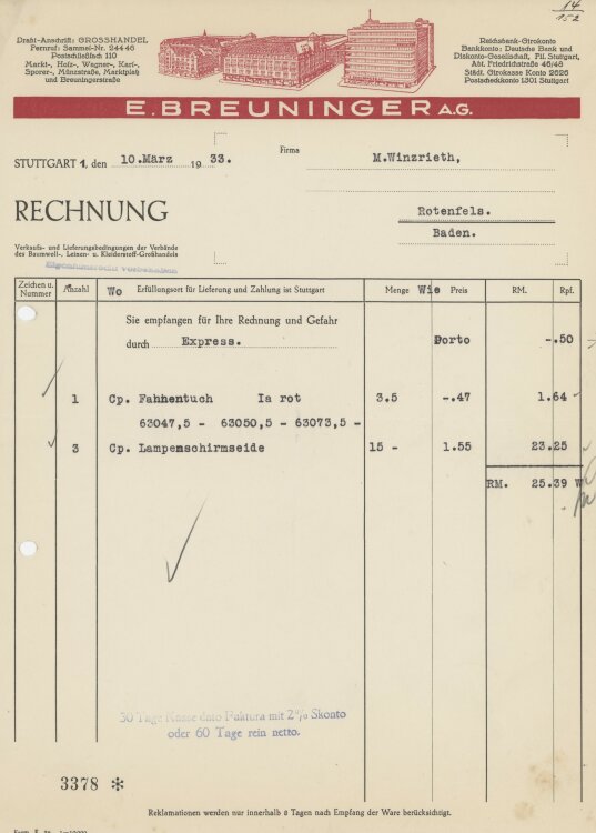 Firma M. Winzrieth (Kaufhaus)an E. Breuninger AG- Rechnung - 10.03.1933