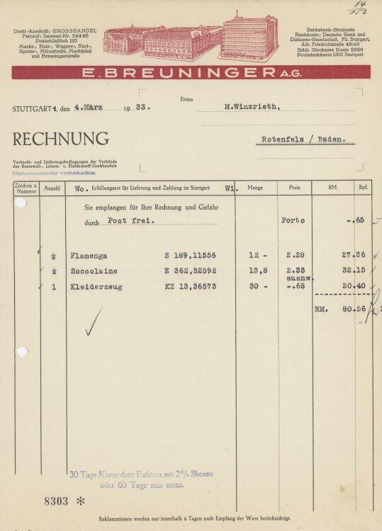 Firma M. Winzrieth (Kaufhaus)an E. Breuninger AG- Rechnung - 04.03.1933
