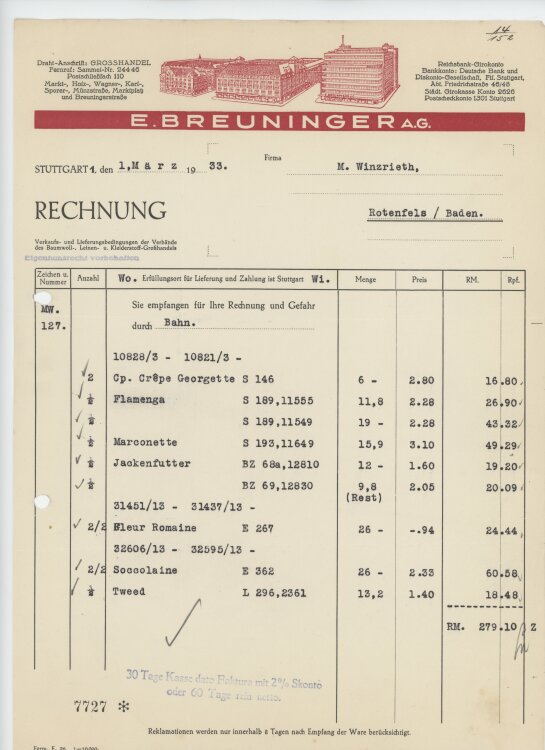 Firma M. Winzrieth (Kaufhaus)an E. Breuninger AG- Rechnung - 01.03.1933