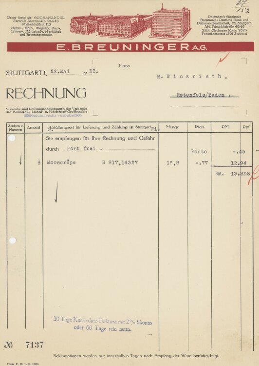 Firma M. Winzrieth (Kaufhaus)an E. Breuninger AG- Rechnung - 22.05.1933