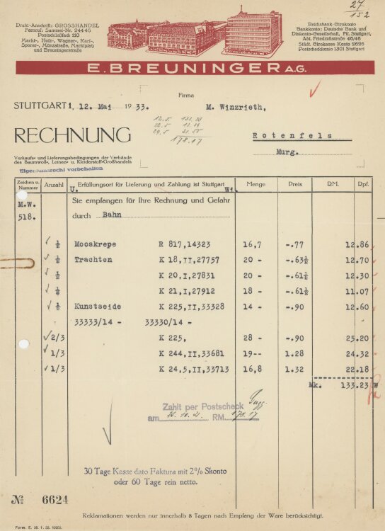 Firma M. Winzrieth (Kaufhaus)an E. Breuninger AG- Rechnung - 12.05.1933