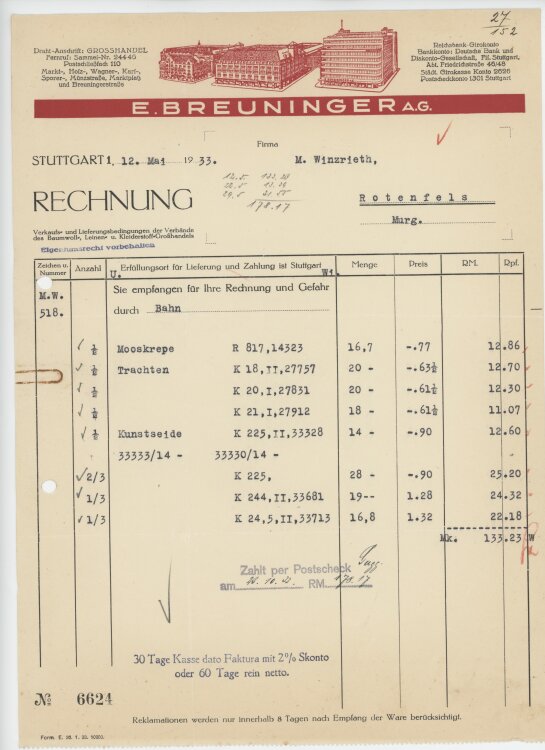 Firma M. Winzrieth (Kaufhaus)an E. Breuninger AG- Rechnung - 12.05.1933