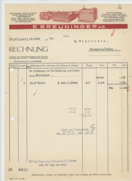 Firma M. Winzrieth (Kaufhaus)an E. Breuninger AG- Rechnung - 14.06.1933