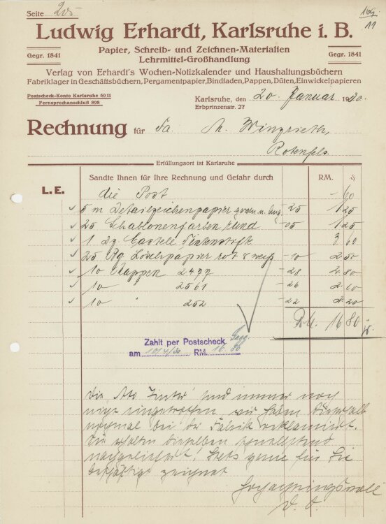 Firma M. Winzrieth (Kaufhaus)an Ludwig Erhardt Lehrmittel-Großhandlung- Rechnung - 20.01.1930