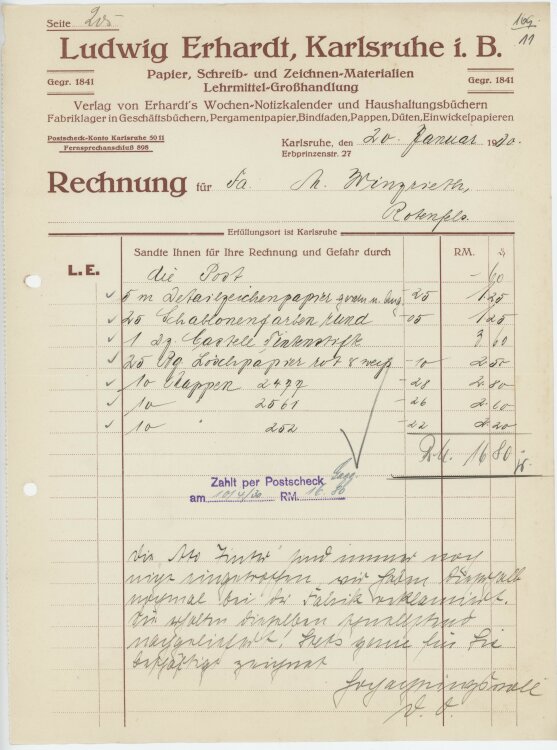 Firma M. Winzrieth (Kaufhaus)an Ludwig Erhardt Lehrmittel-Großhandlung- Rechnung - 20.01.1930