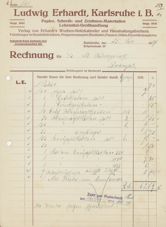 Firma M. Winzrieth (Kaufhaus)an Ludwig Erhardt Lehrmittel-Großhandlung- Rechnung - 25.11.1929