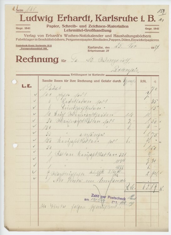 Firma M. Winzrieth (Kaufhaus)an Ludwig Erhardt Lehrmittel-Großhandlung- Rechnung - 25.11.1929
