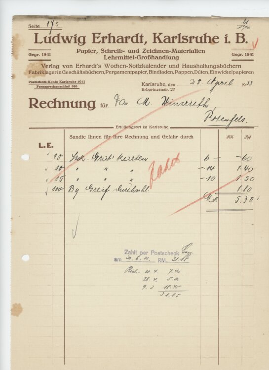 Firma M. Winzrieth (Kaufhaus)an Ludwig Erhardt Lehrmittel-Großhandlung- Rechnung - 28.04.1933